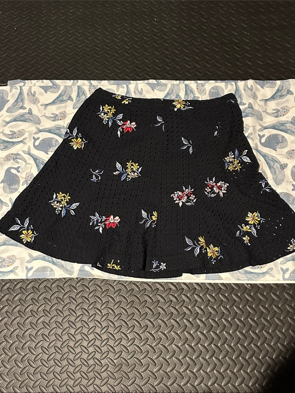 Ann Taylor Black Eyelet Skater Skirt with Yellow, Red & White Floral Embroidery